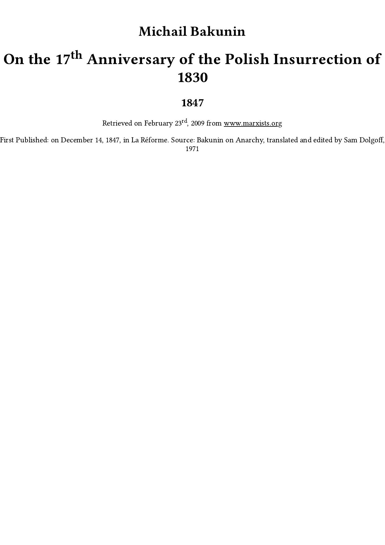 On the 17th Anniversary of the Polish Insurrection of 1830