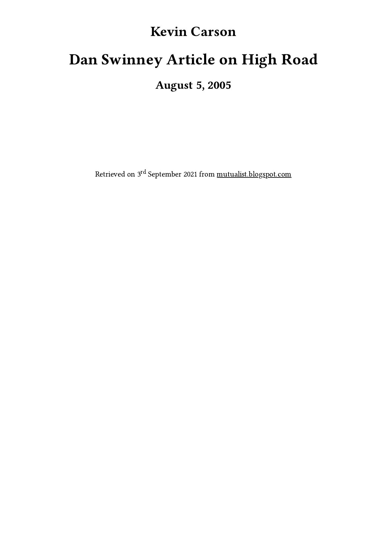 Dan Swinney Article on High Road