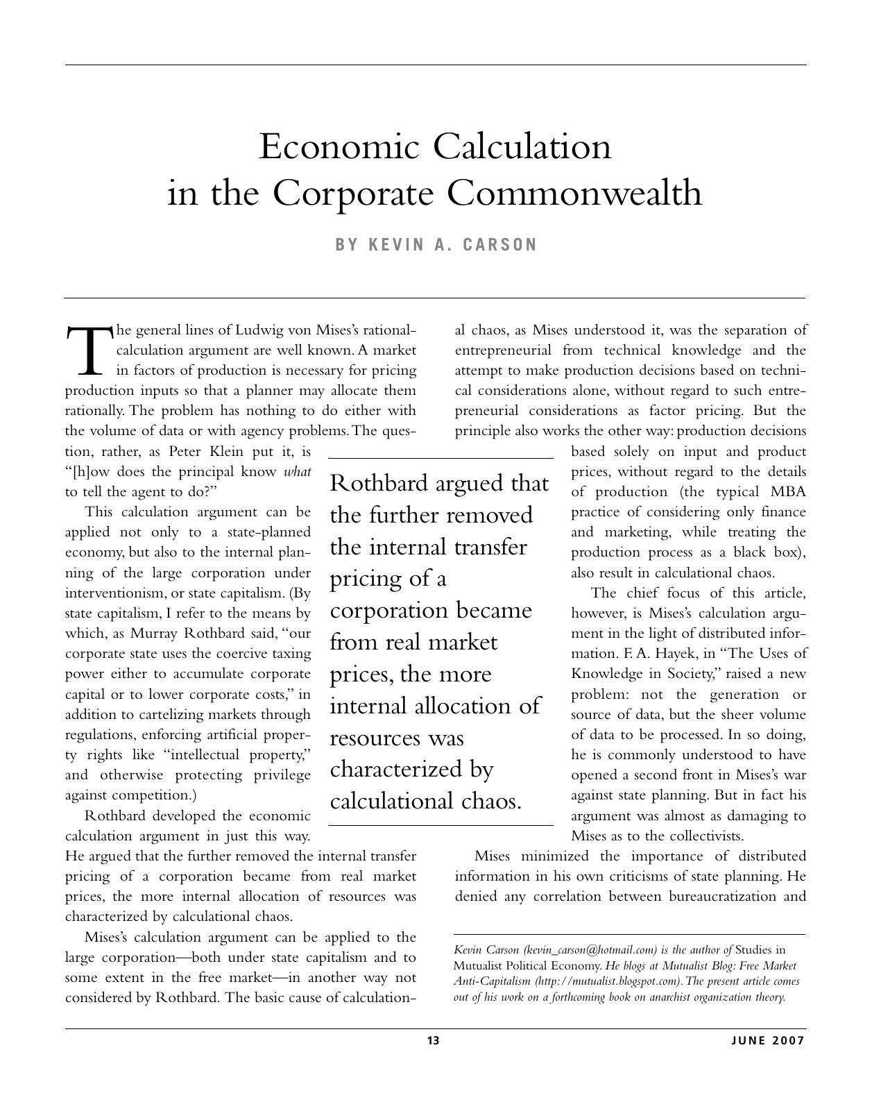 Economic Calculation in the Corporate Commonwealth