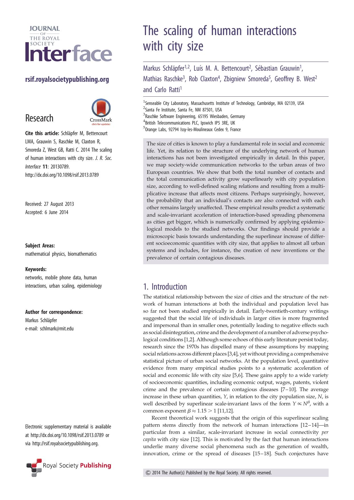 The scaling of human interactions with city size