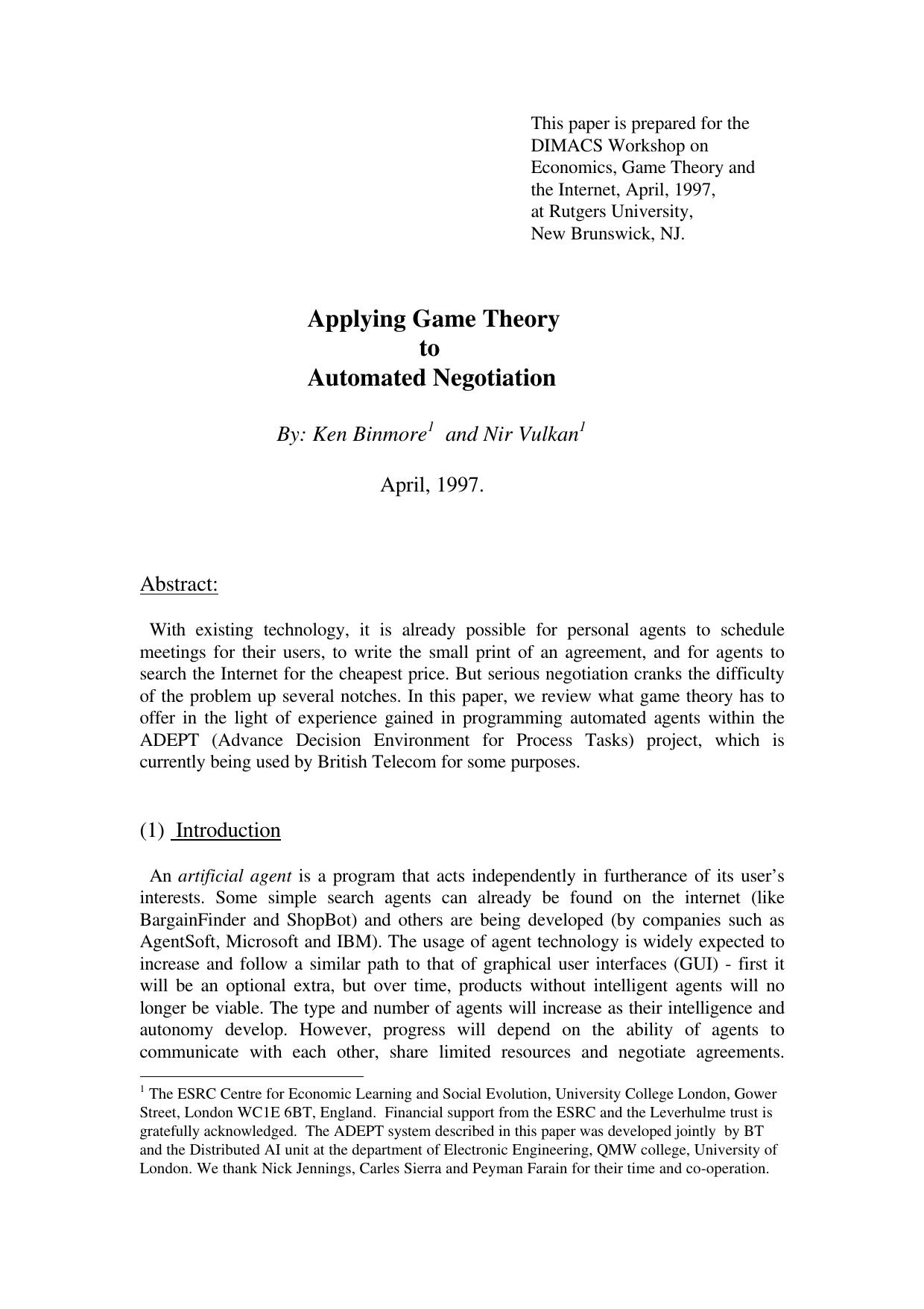 Applying Game Theory to Automated Negotiation