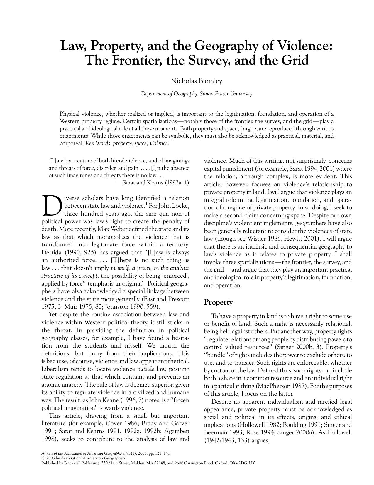 Law, Property, and the Geography of Violence: The Frontier, the Survey, and the Grid