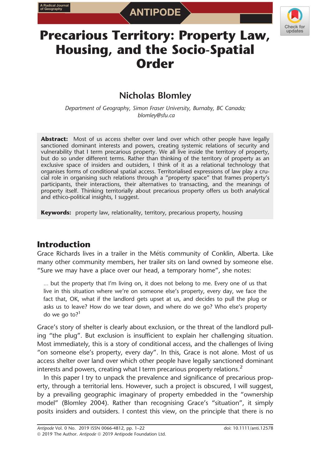 Precarious Territory: Property Law, Housing, and the Socio‐Spatial Order