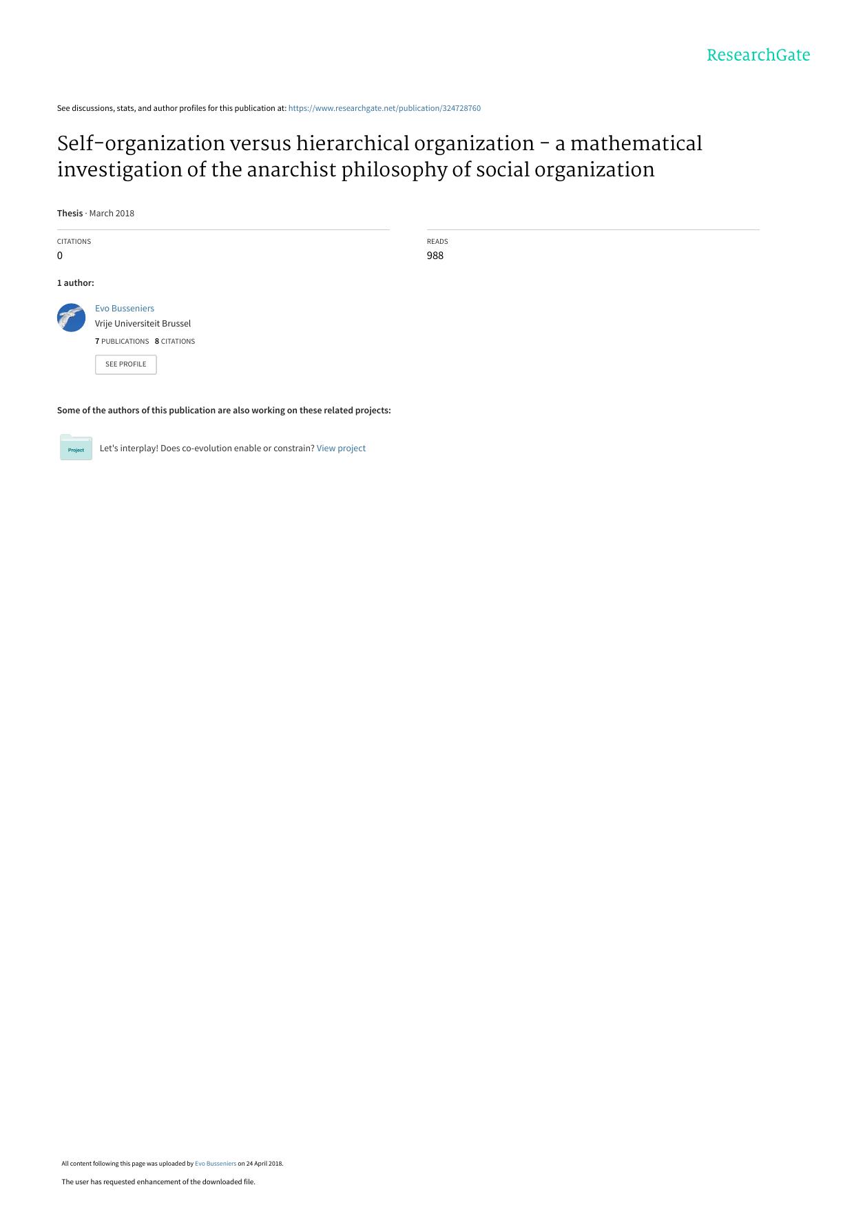 Self-organization versus hierarchical organization: A mathematical investigation of the anarchist philosophy of social organization