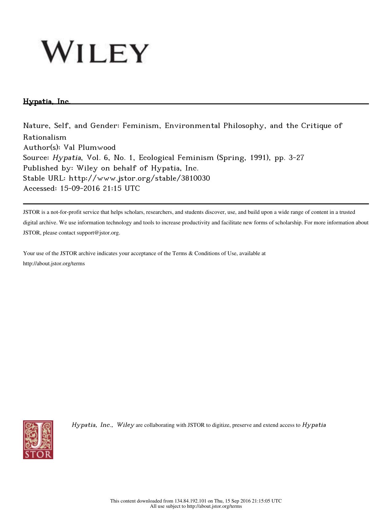 Nature, Self, and Gender: Feminism, Environmental Philosophy, and the Critique of Rationalism