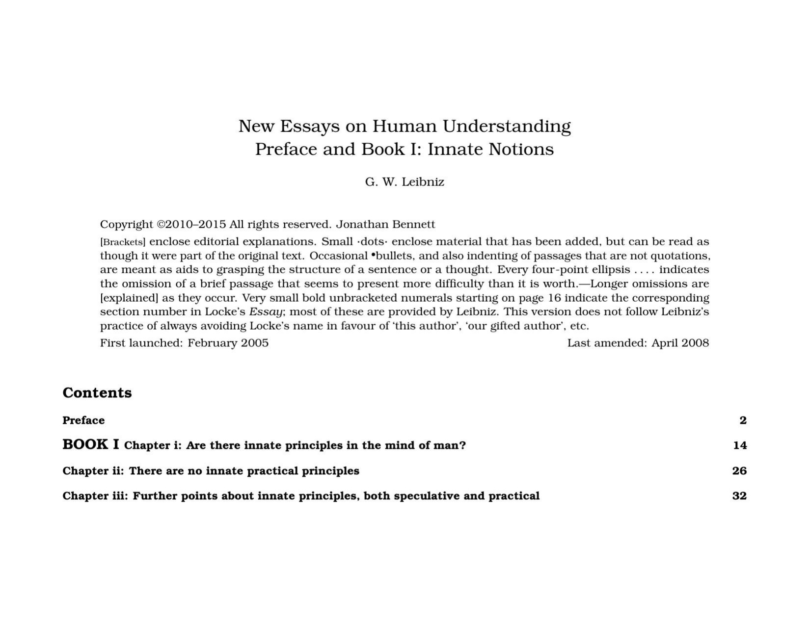 New Essays on Human Understanding Preface and Book I: Innate Notions