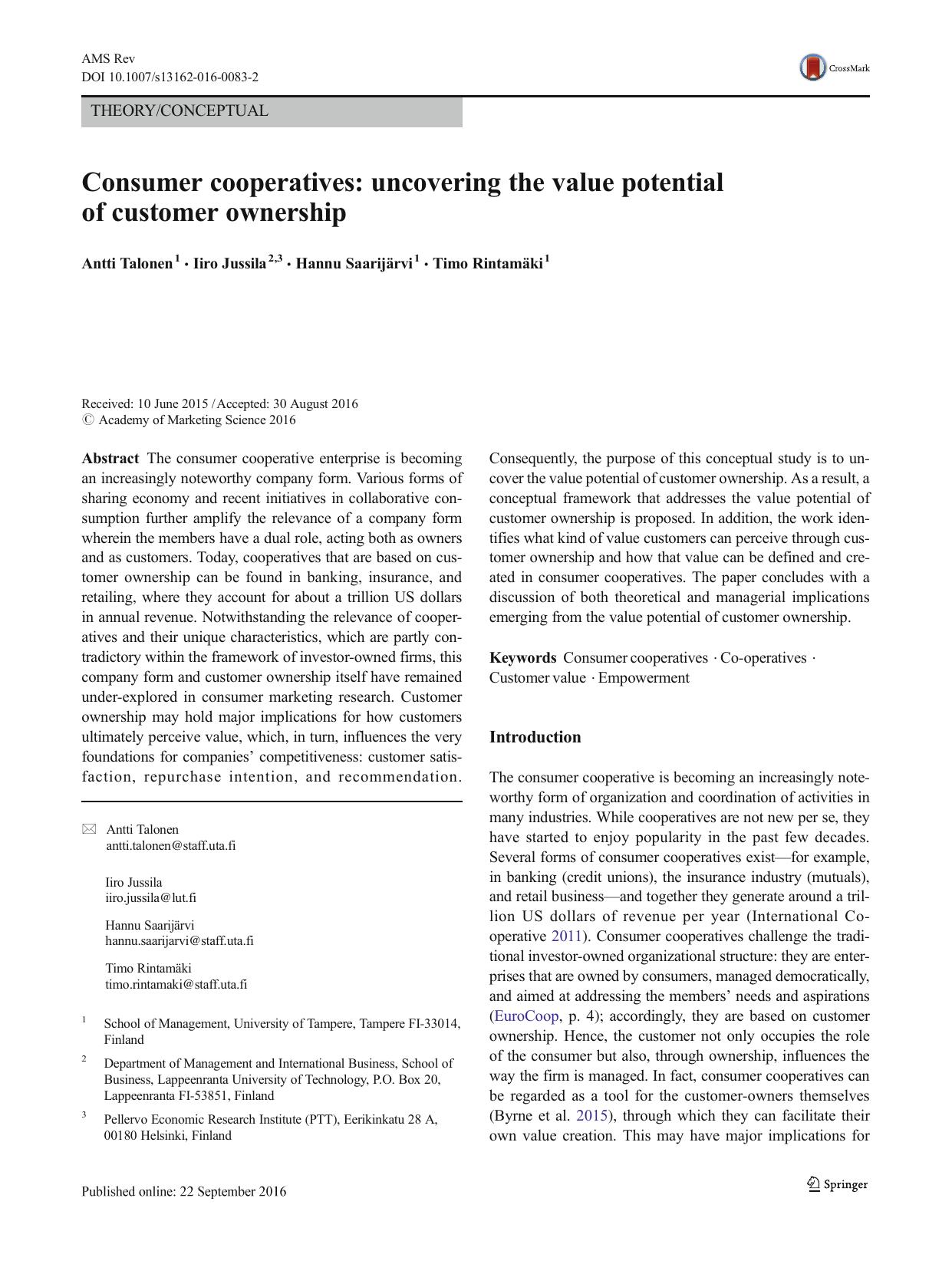 Consumer cooperatives: uncovering the value potential of customer ownership