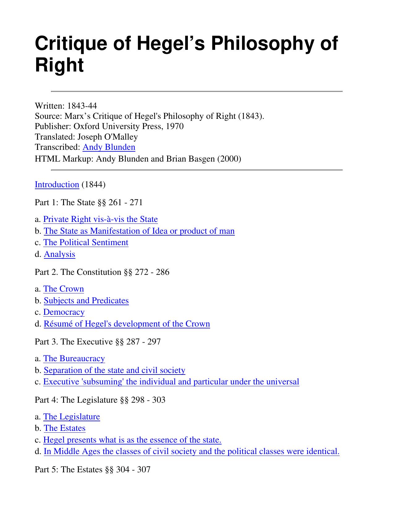 Marx’s Critique of Hegel’s Philosophy of Right, 1843-4