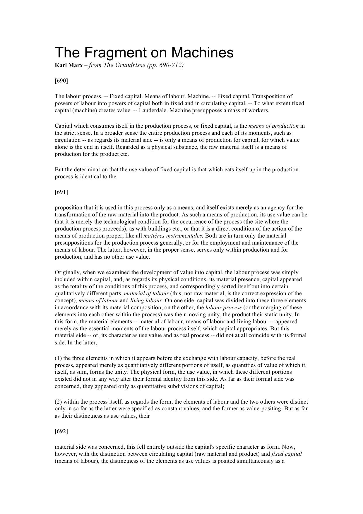 The Fragment on Machines (from Grundrisse)