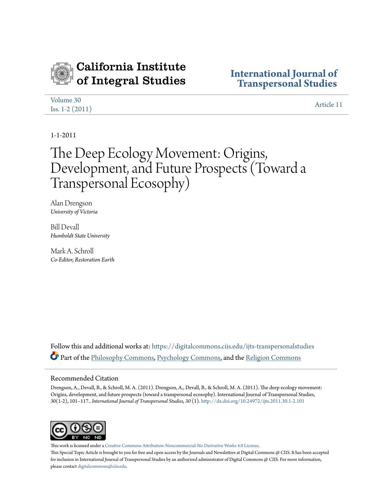 The Deep Ecology Movement: Origins, Development, and Future Prospects (Toward a Transpersonal Ecosophy)