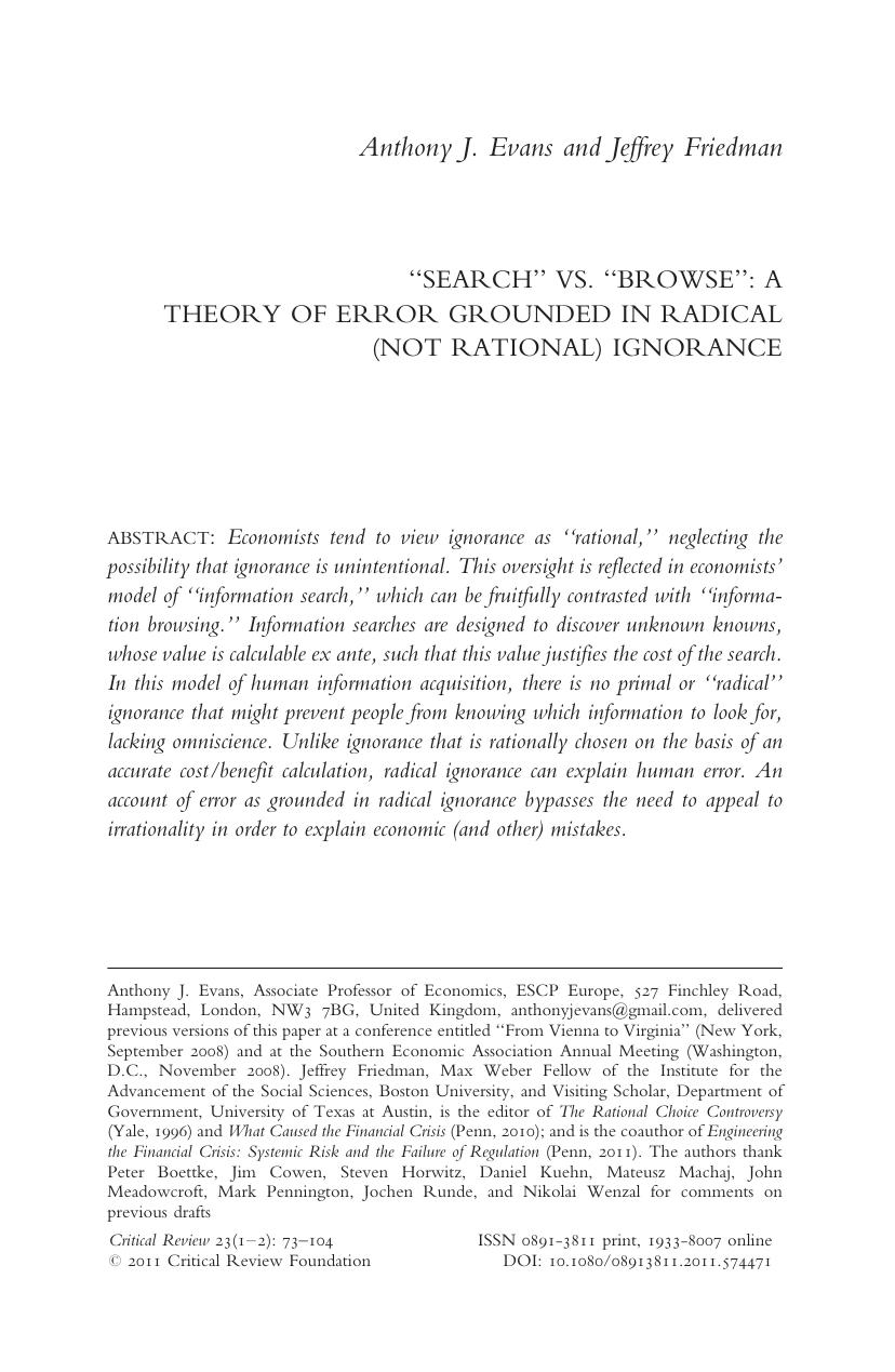 "Search" vs. "Browse": A Theory of Error Grounded in Radical (Not Rational) Ignorance