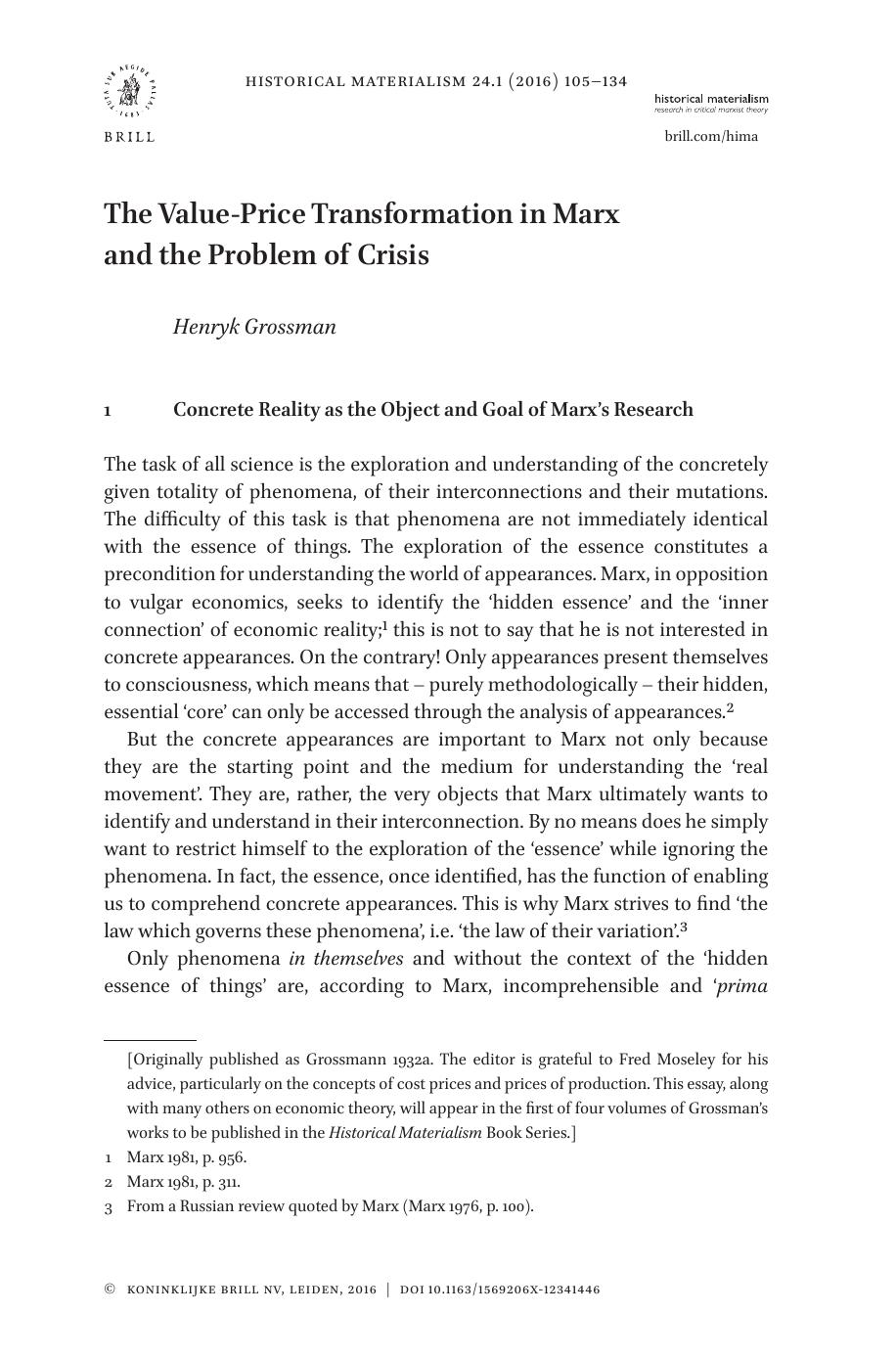The Value-Price Transformation in Marx and the Problem of Crisis