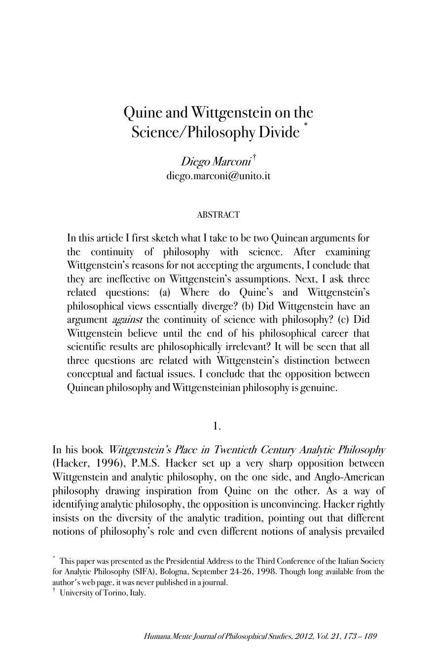 Quine and Wittgenstein on the Science/Philosophy Debate