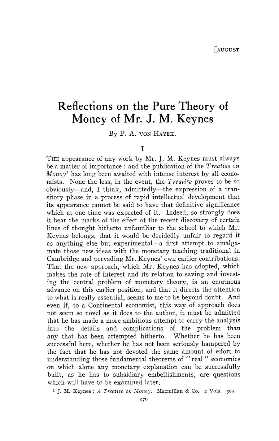 Reflections on the Pure Theory of Money of Mr. J.M. Keynes
