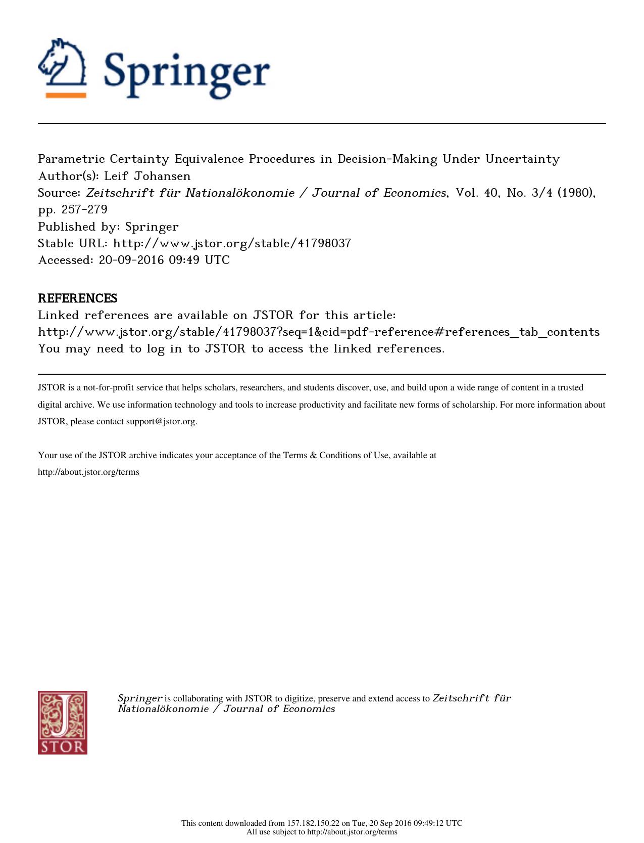 Parametric Certainty Equivalence Procedures in Decision-Making Under Uncertainty