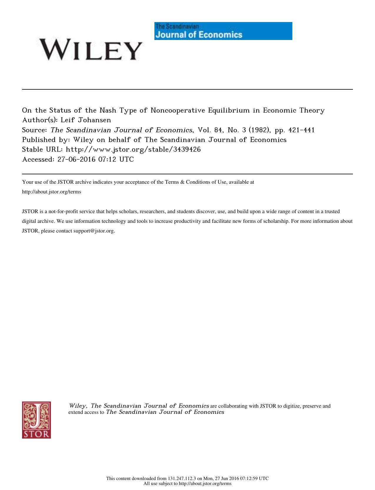 On the Status of the Nash Type of Noncooperative Equilibrium in Economic Theory