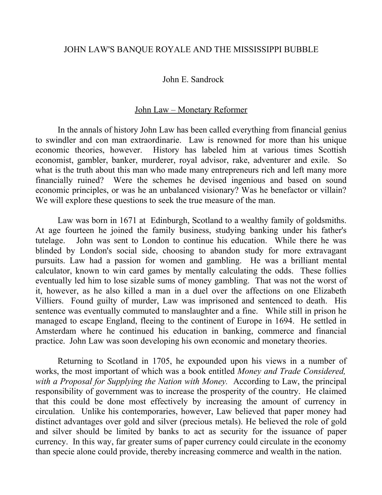 John Law's Banque Royale and the Mississippi Bubble