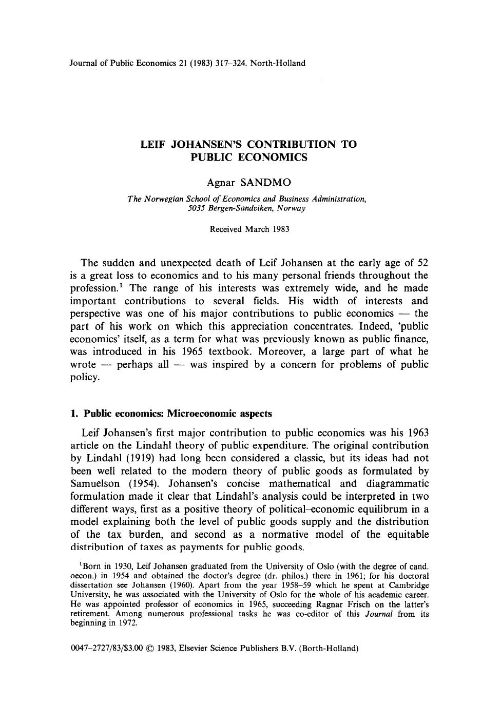 Leif Johansen's Contribution to Public Economics