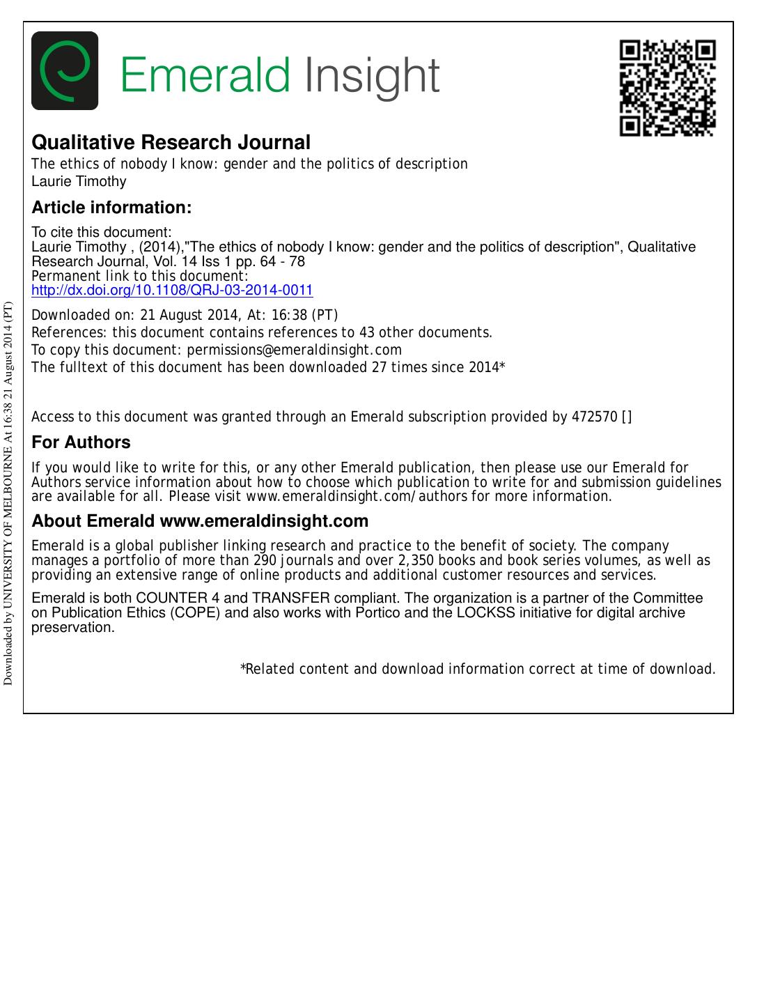 The ethics of nobody I know: gender and the politics of description