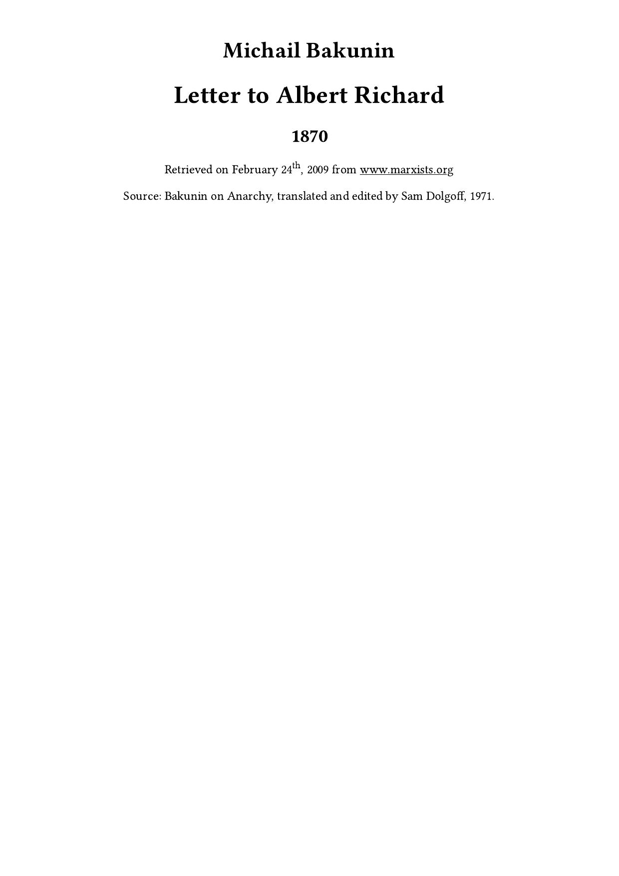 Letter to Albert Richard