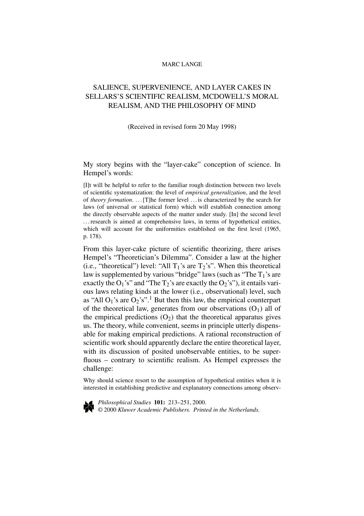 Salience, Supervenience, and Layer Cakes in Sellars's Scientific Realism, McDowell's Moral Realism, and the Philosophy of Mind
