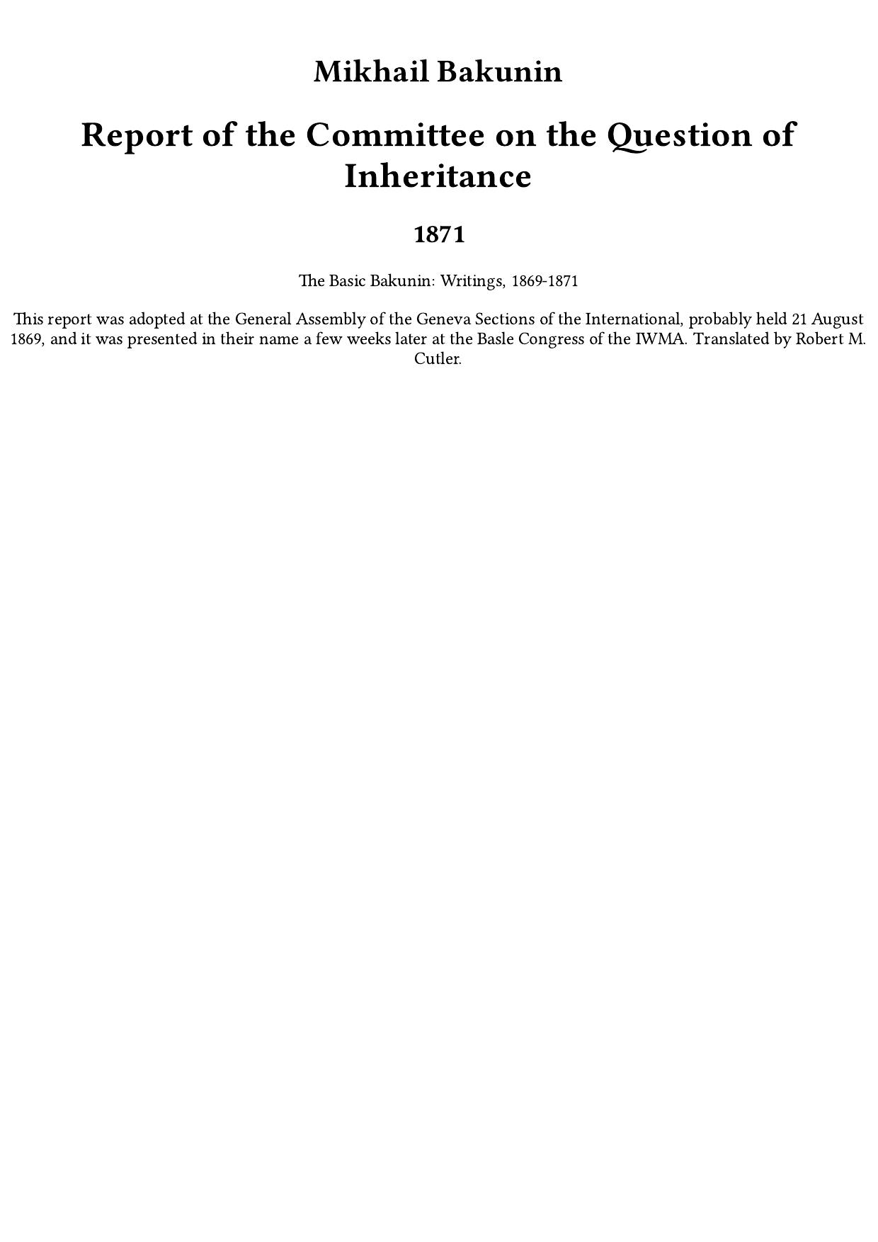 Report of the Committee on the Question of Inheritance