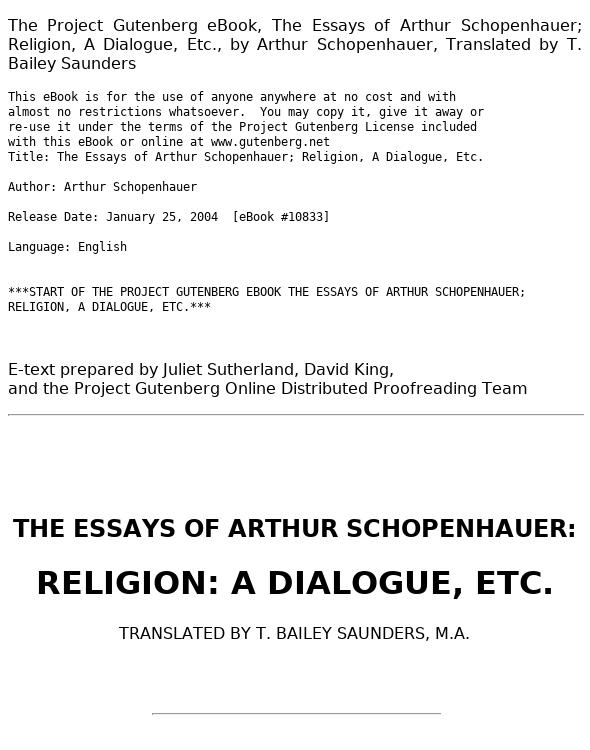 The Essays of Arthur Schopenhauer; Religion, a Dialogue, Etc.