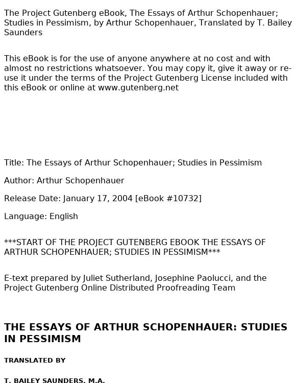 The Essays of Arthur Schopenhauer; Studies in Pessimism