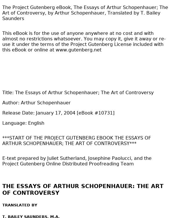 The Essays of Arthur Schopenhauer; The Art of Controversy