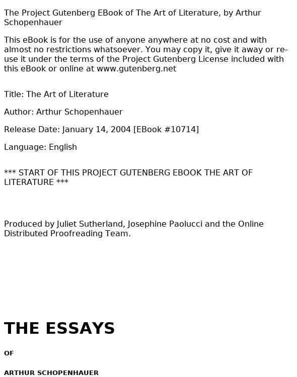 The Essays of Arthur Schopenhauer; The Art of Literature