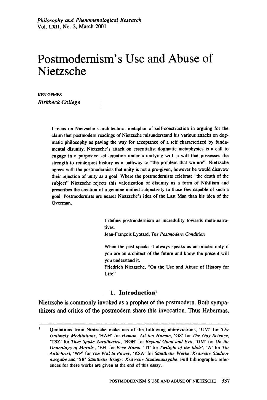 Postmodernism's Use and Abuse of Nietzsche