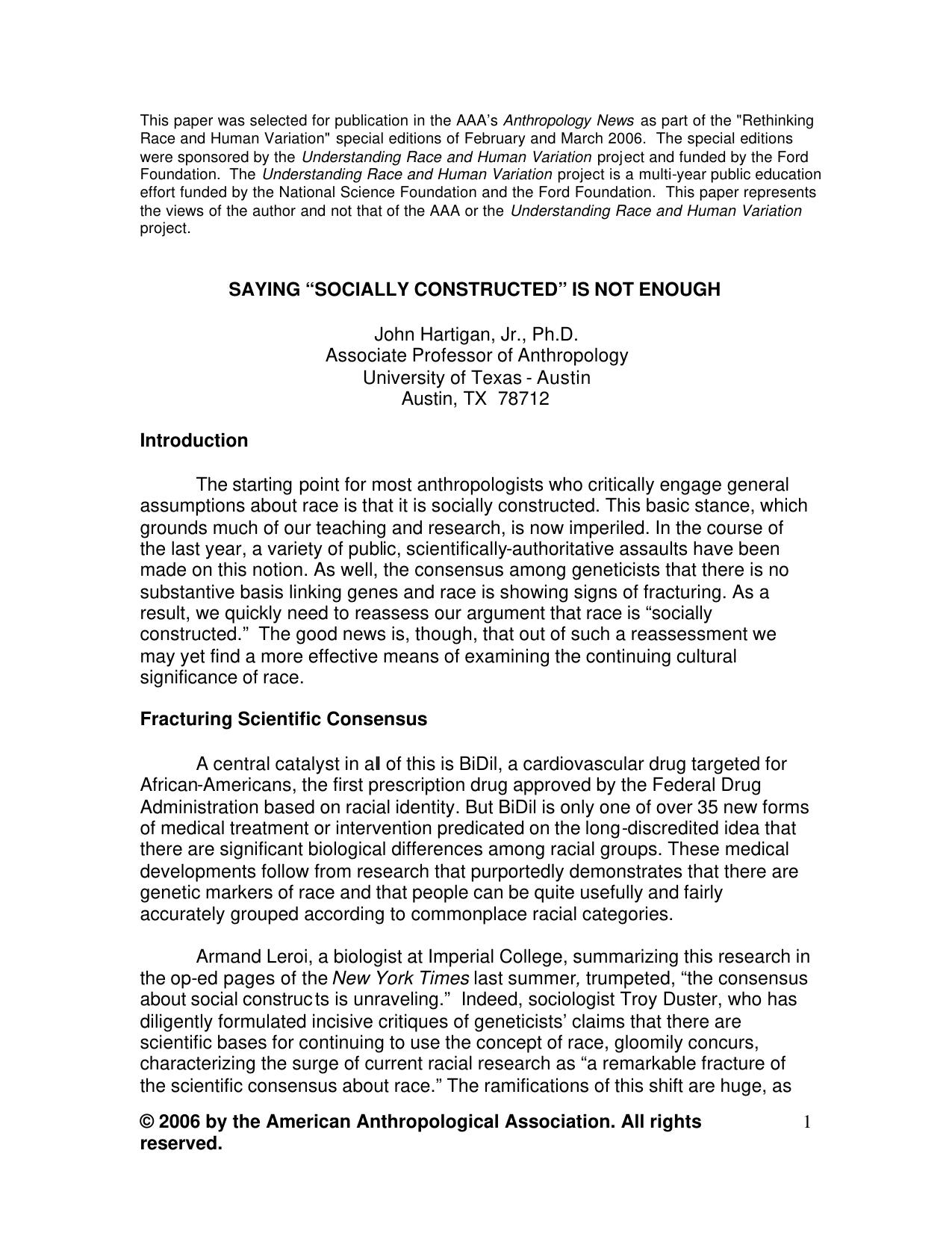 Saying "Socially Constructed" is Not Enough