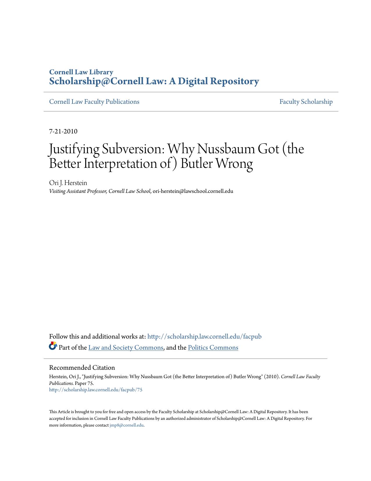 Justifying Subversion: Why Nussbaum Got (the Better Interpretation of) Butler Wrong