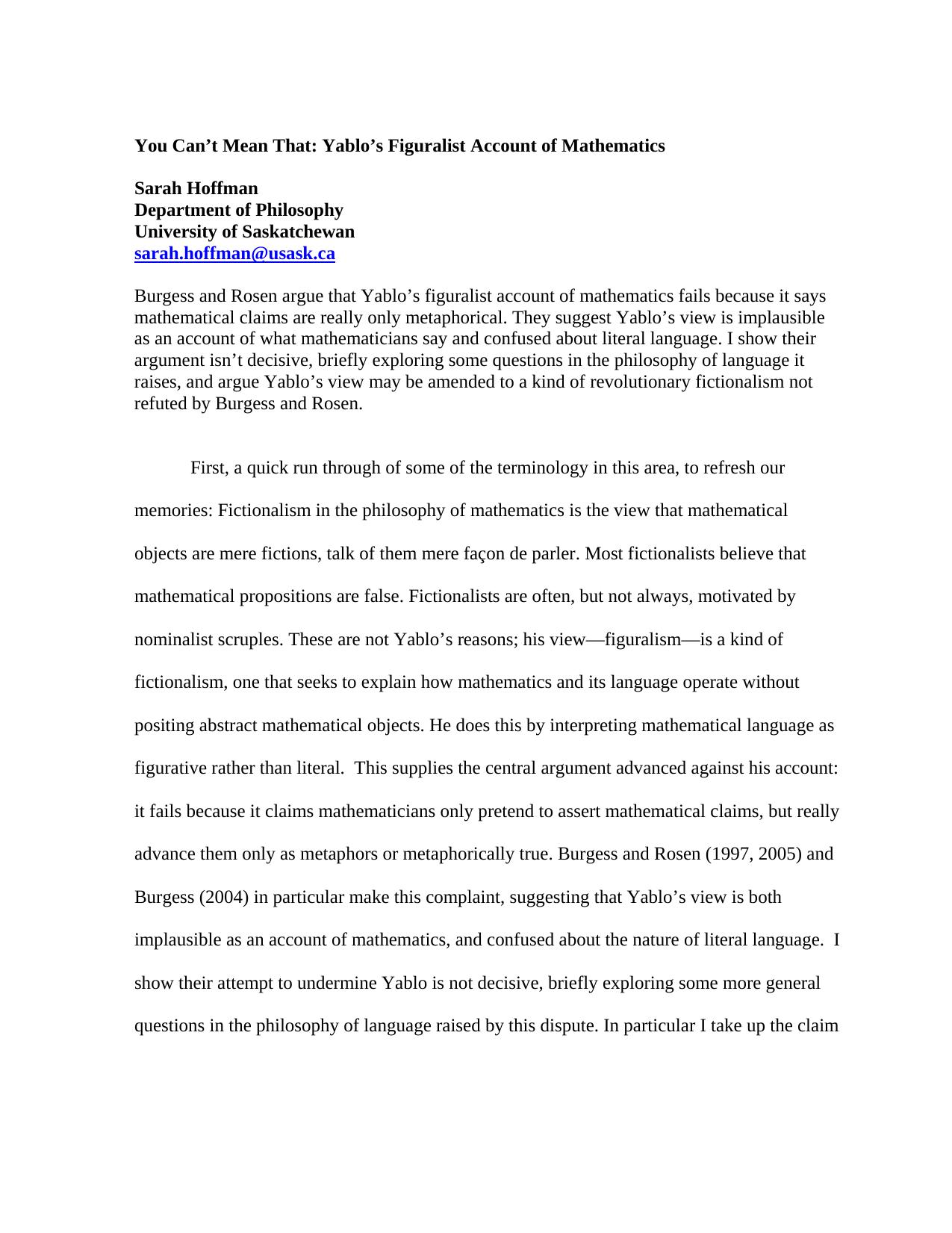 You Can’t Mean That: Yablo’s Figuralist Account of Mathematics