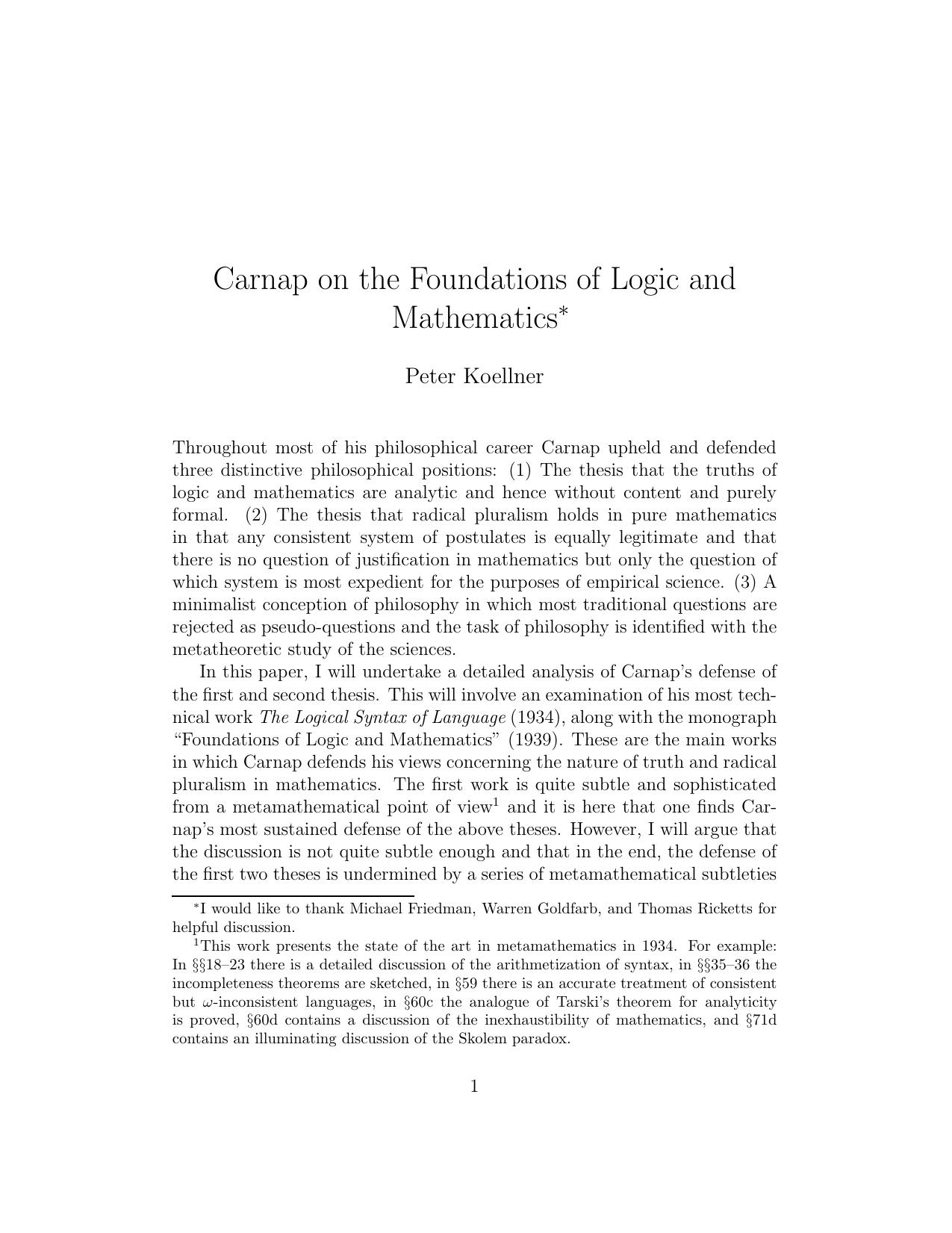 Carnap on the Foundations of Logic and Mathematics