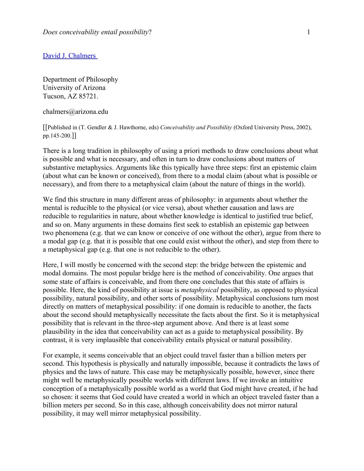 Does Conceivability Entail Possibility?