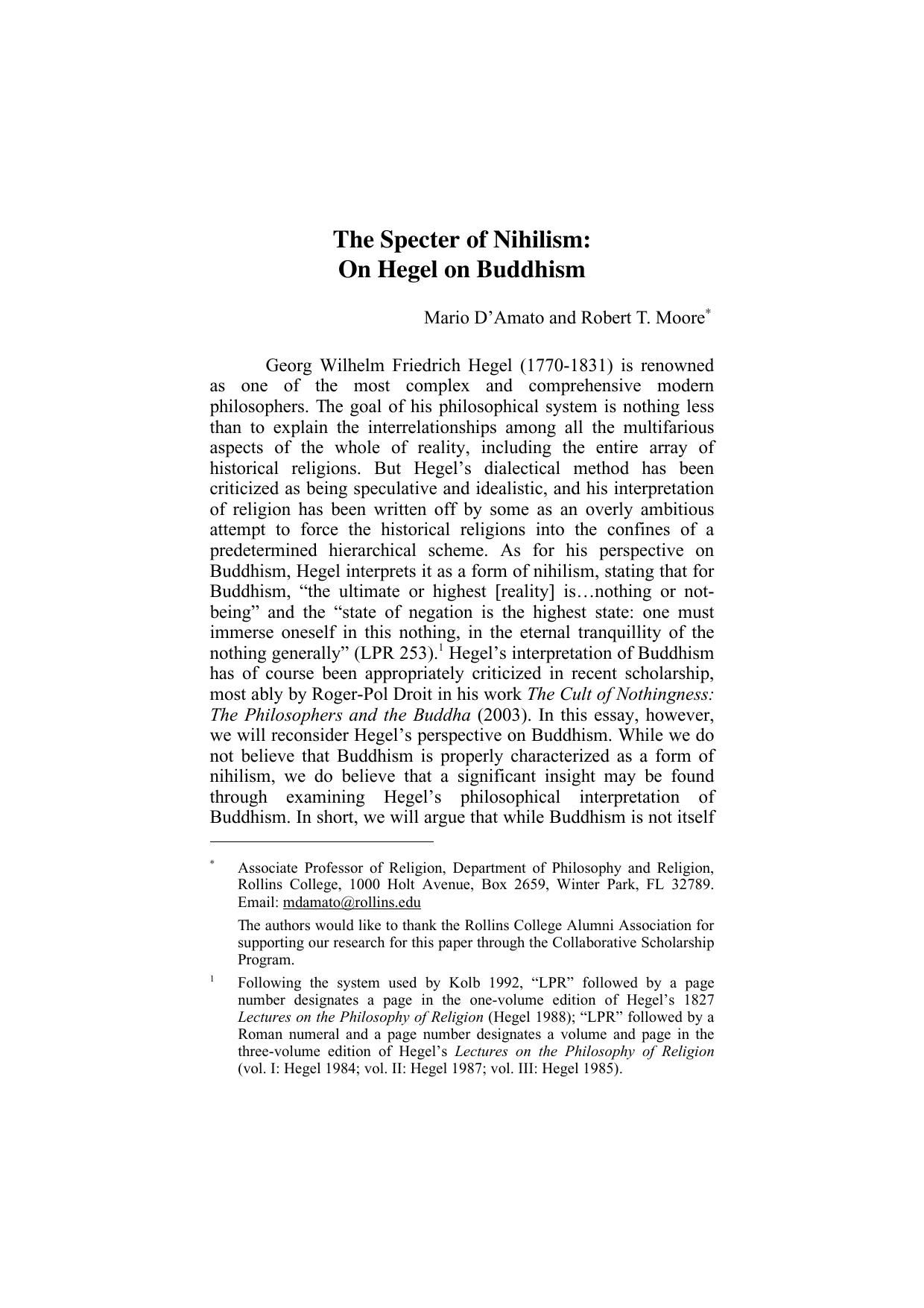 The Specter of Nihilism: On Hegel on Buddhism