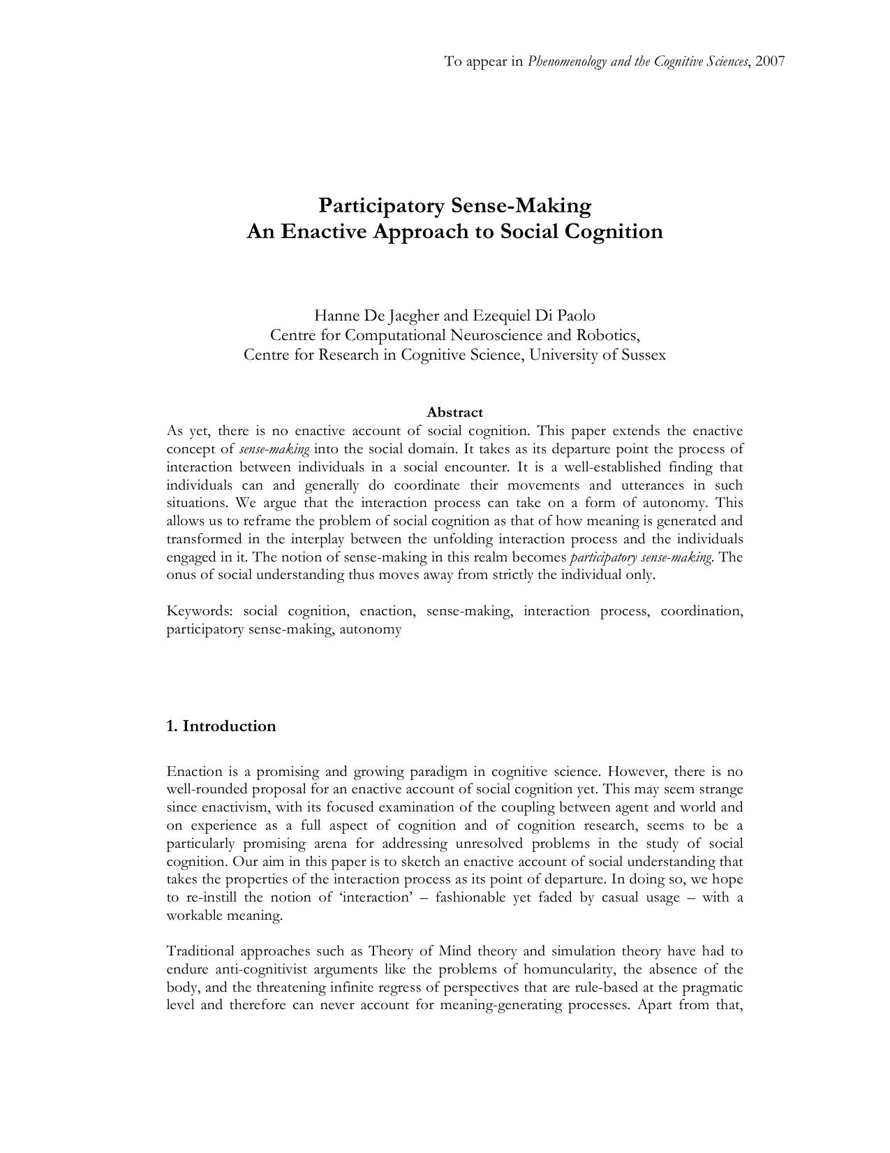 Participatory Sense-Making: An Enactive Approach to Social Cognition