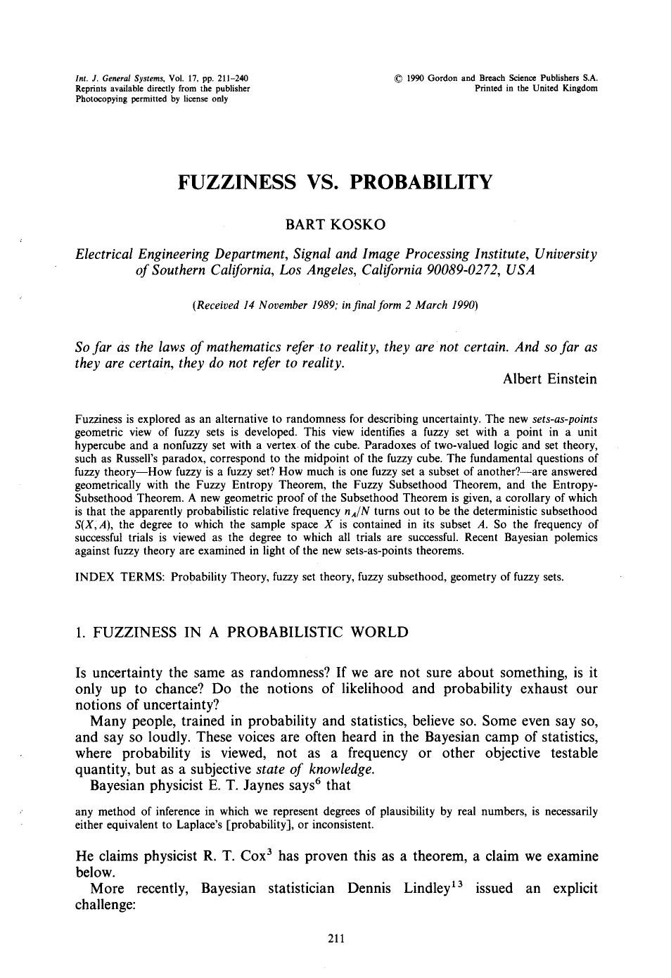 Fuzziness vs Probability