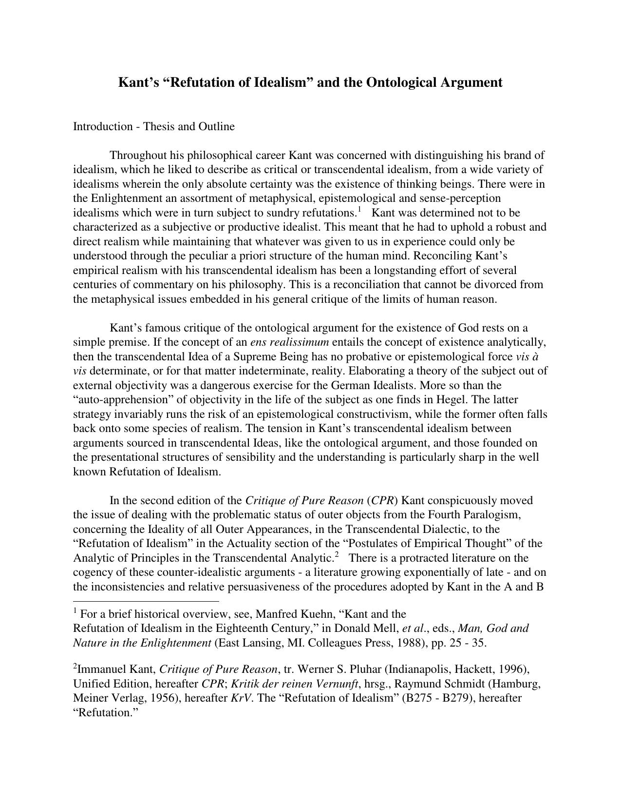 Kant's Refutation of Idealism and the Ontological Argument