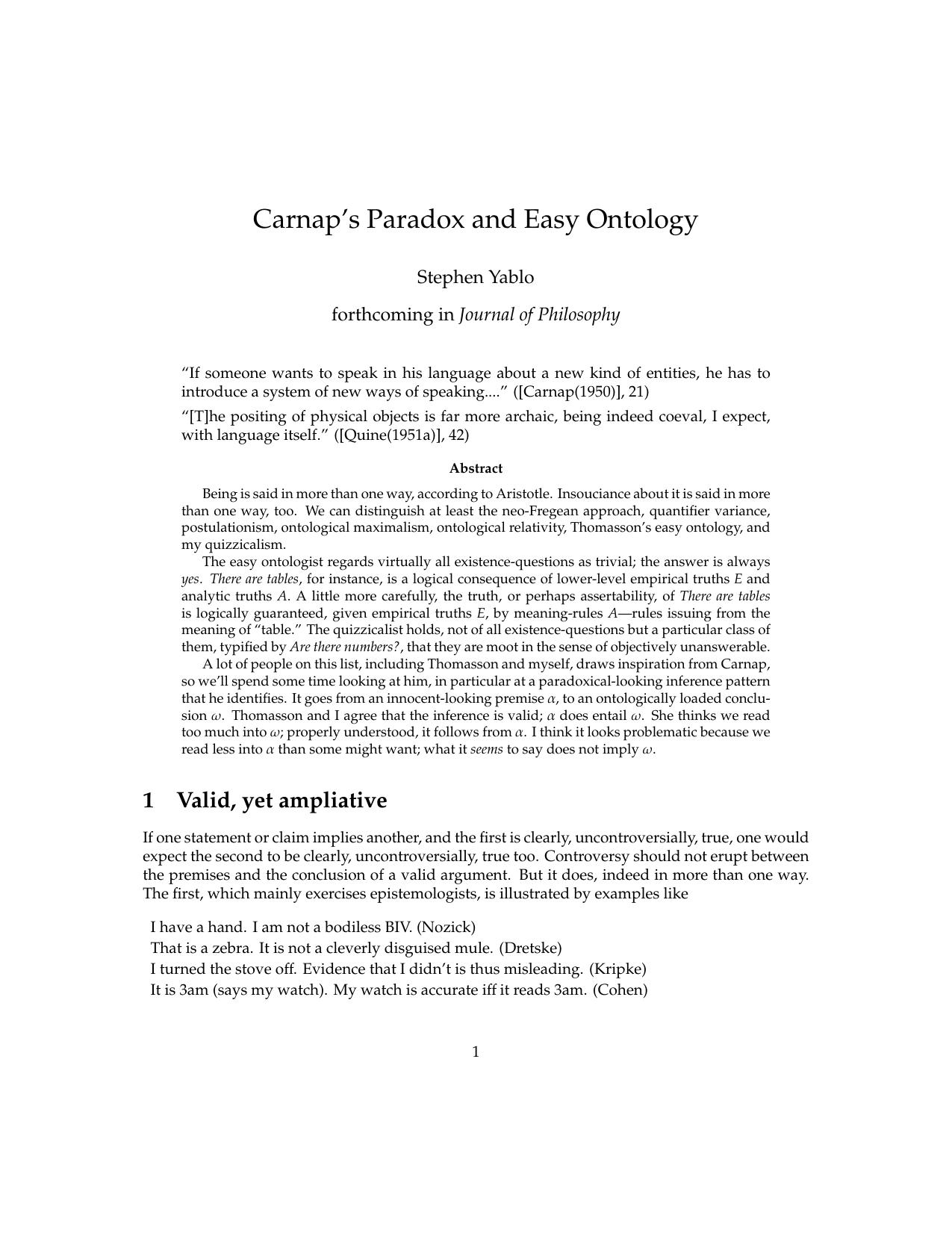 Carnap's Paradox & Easy Ontology