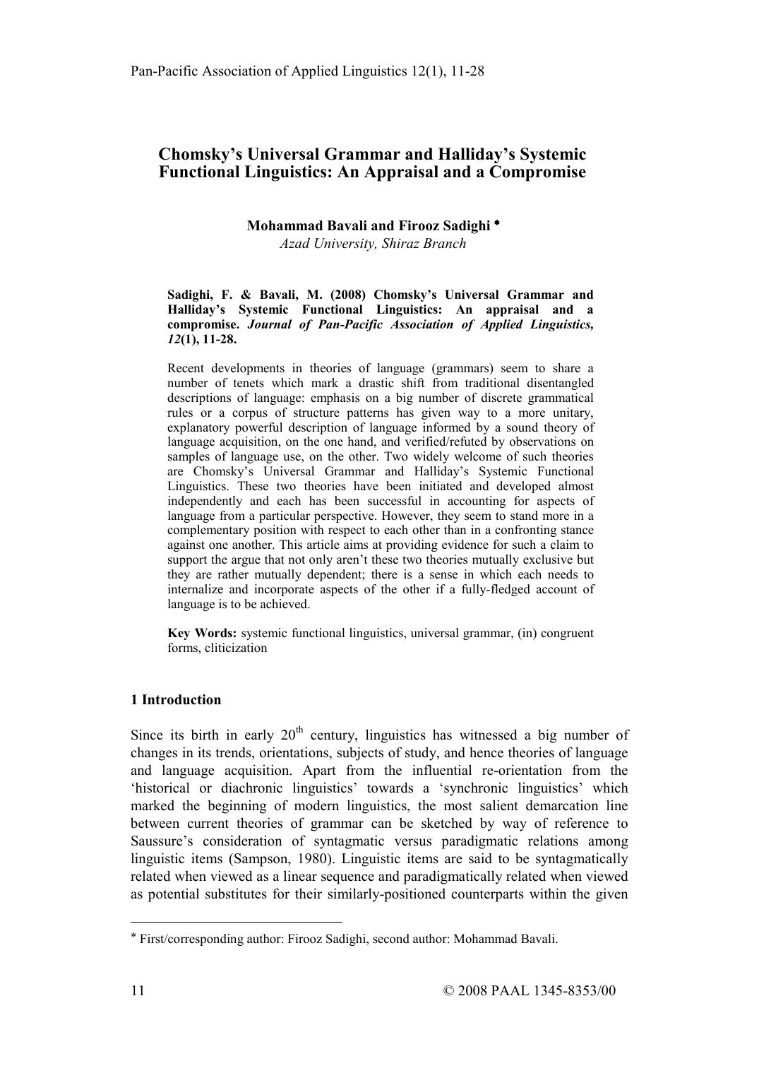 Chomsky’s Universal Grammar and Halliday’s Systemic Functional Linguistics: An Appraisal and a Compromise