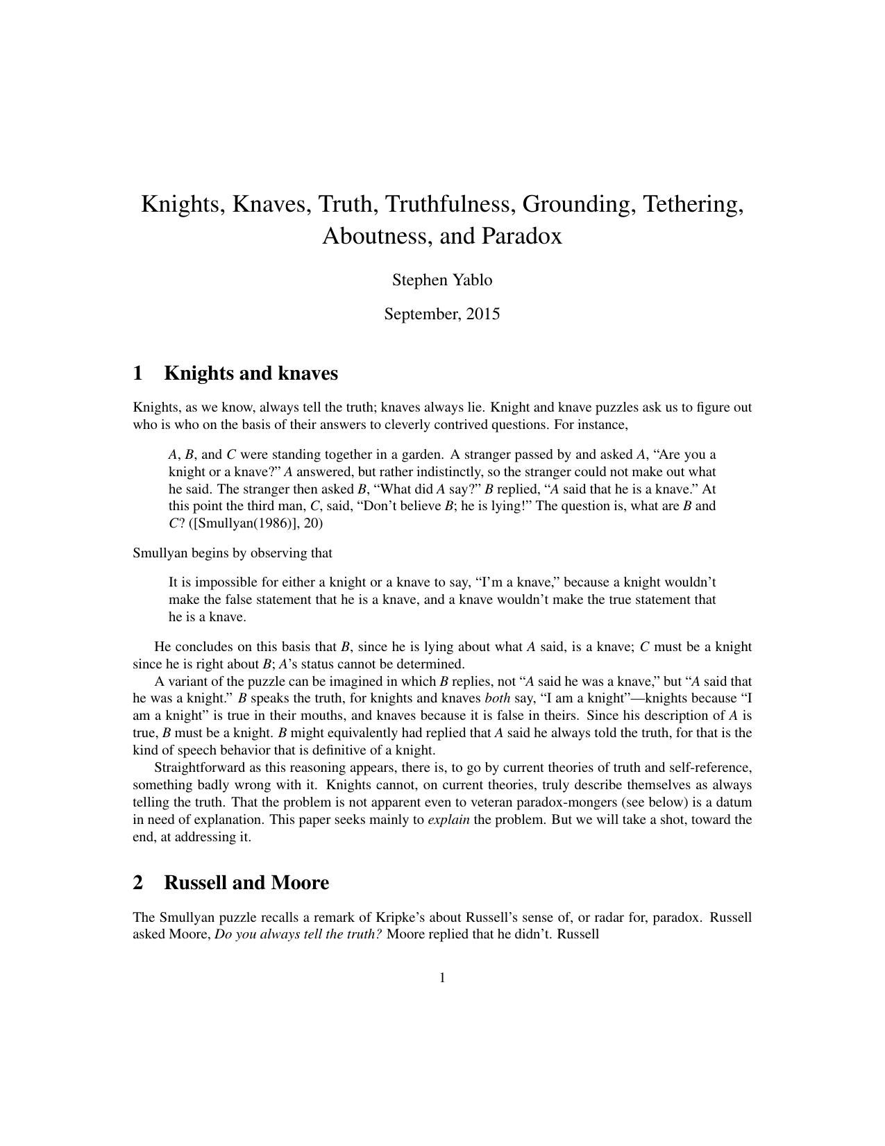 Knights, Knaves, Truth, Truthfulness, Grounding, Tethering, Aboutness, and Paradox