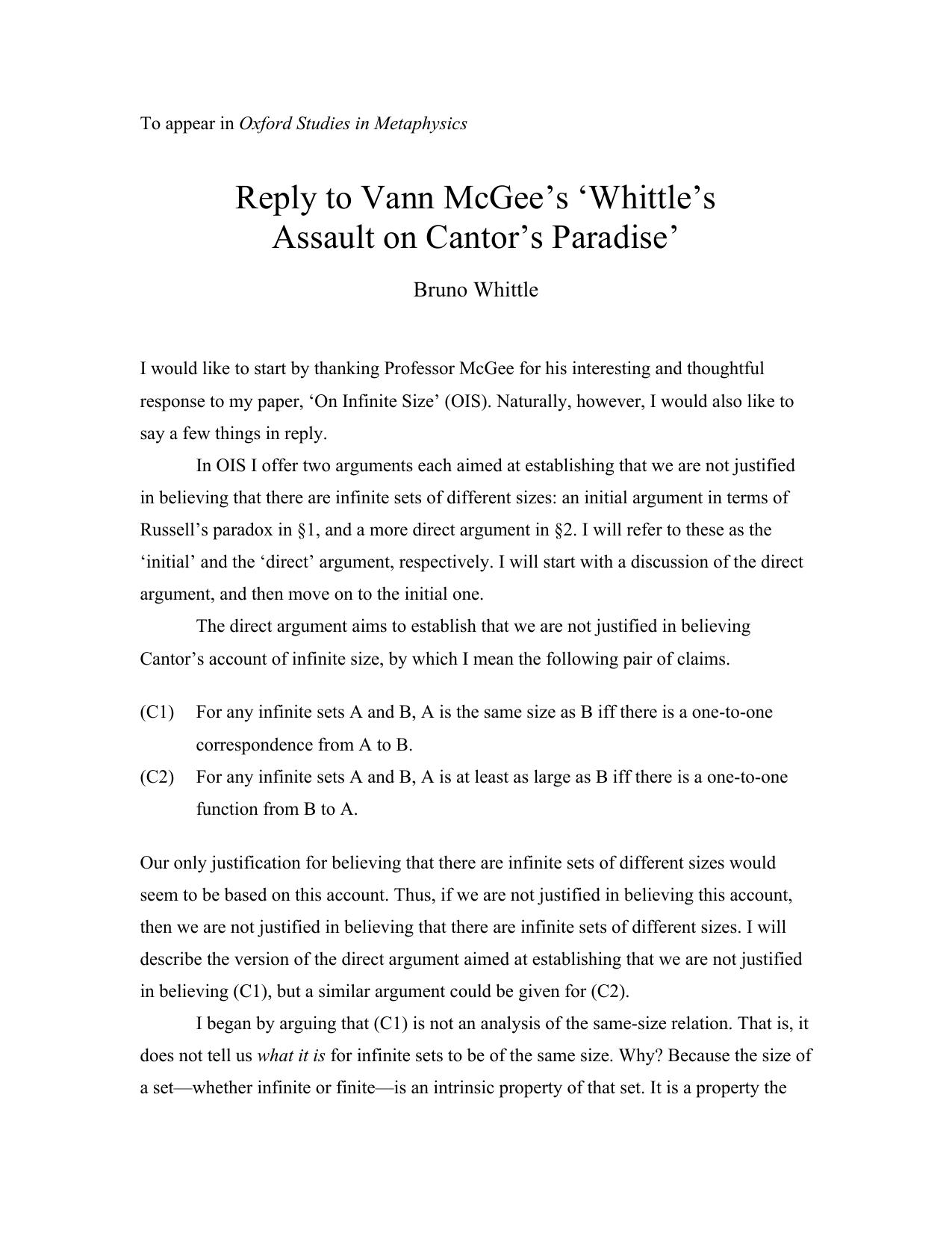 Reply to Vann McGee's 'Whittle's Assault on Cantor's Paradise'