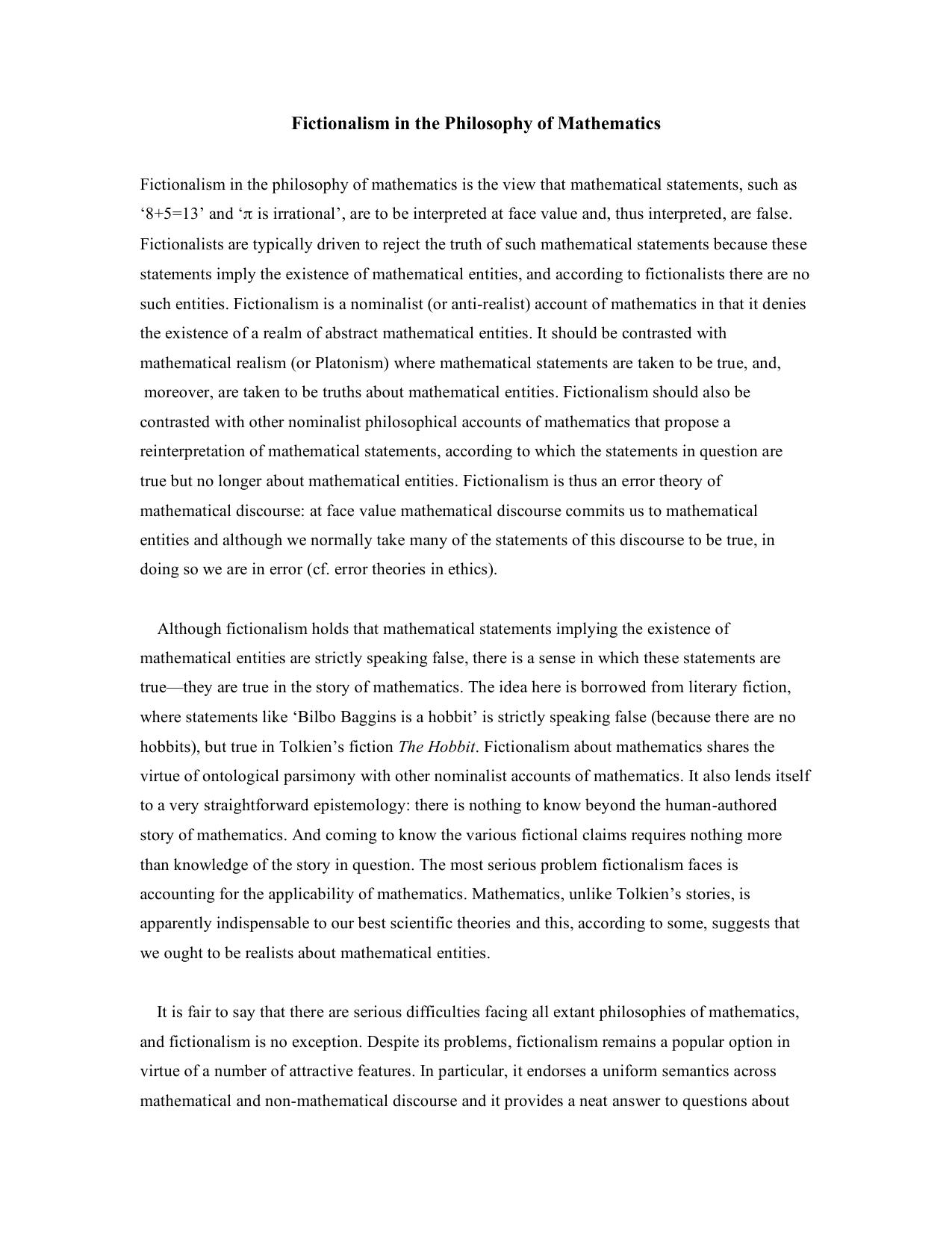 Fictionalism in the Philosophy of Mathematics