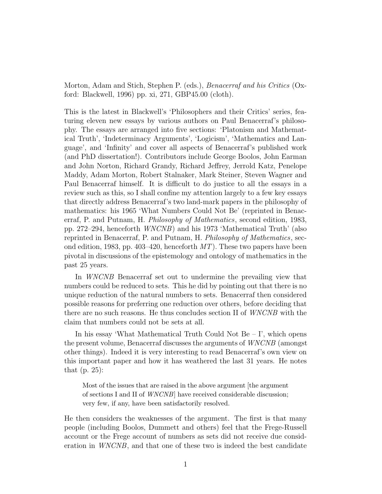 Review of Benacerraf and his Critics