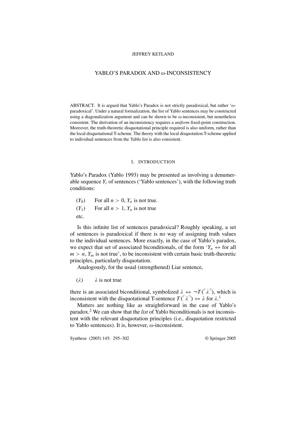 Yablo's Paradox and ω-Inconsistency