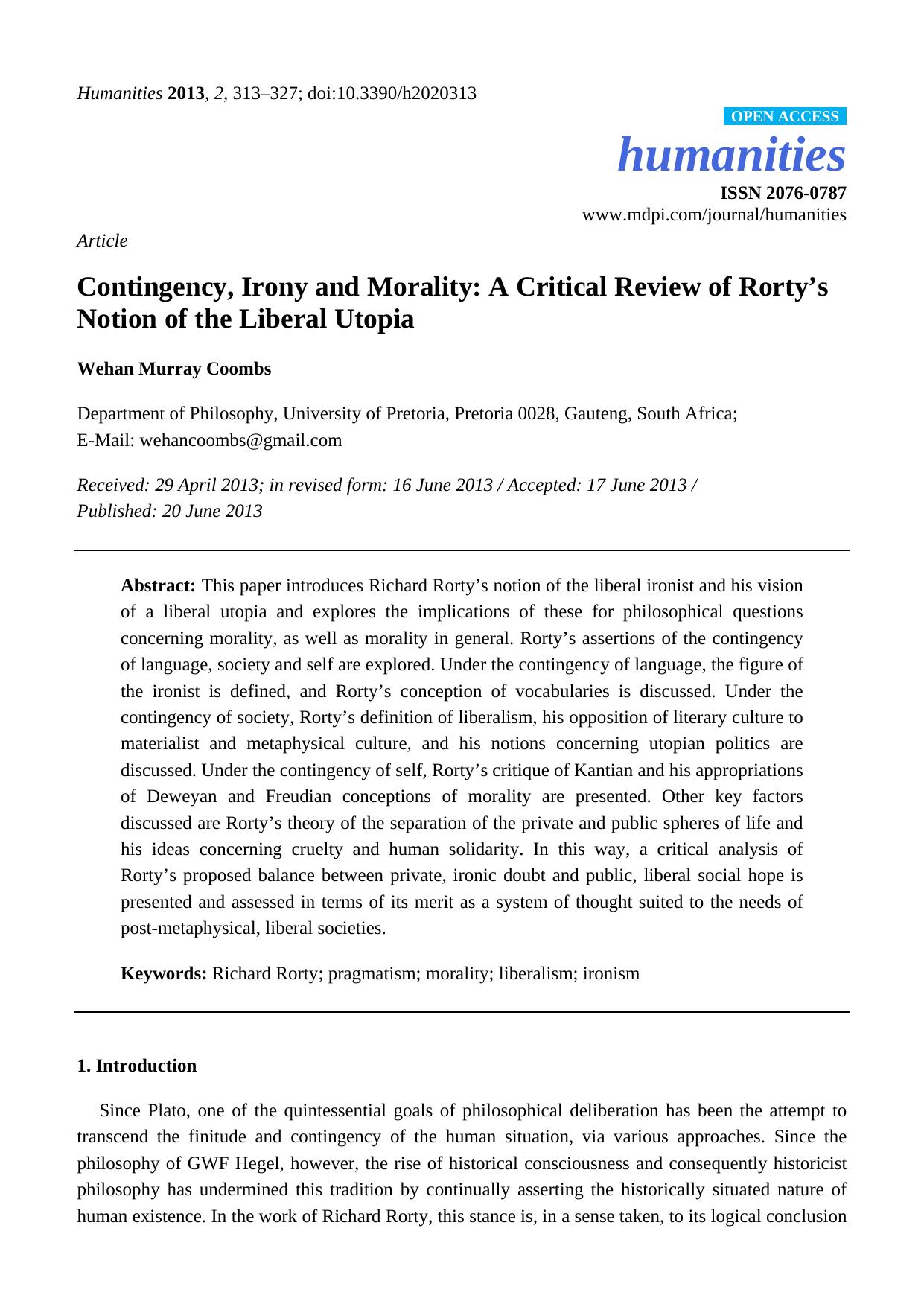 Contingency, Irony and Morality: A Critical Review of Rorty’s Notion of the Liberal Utopia