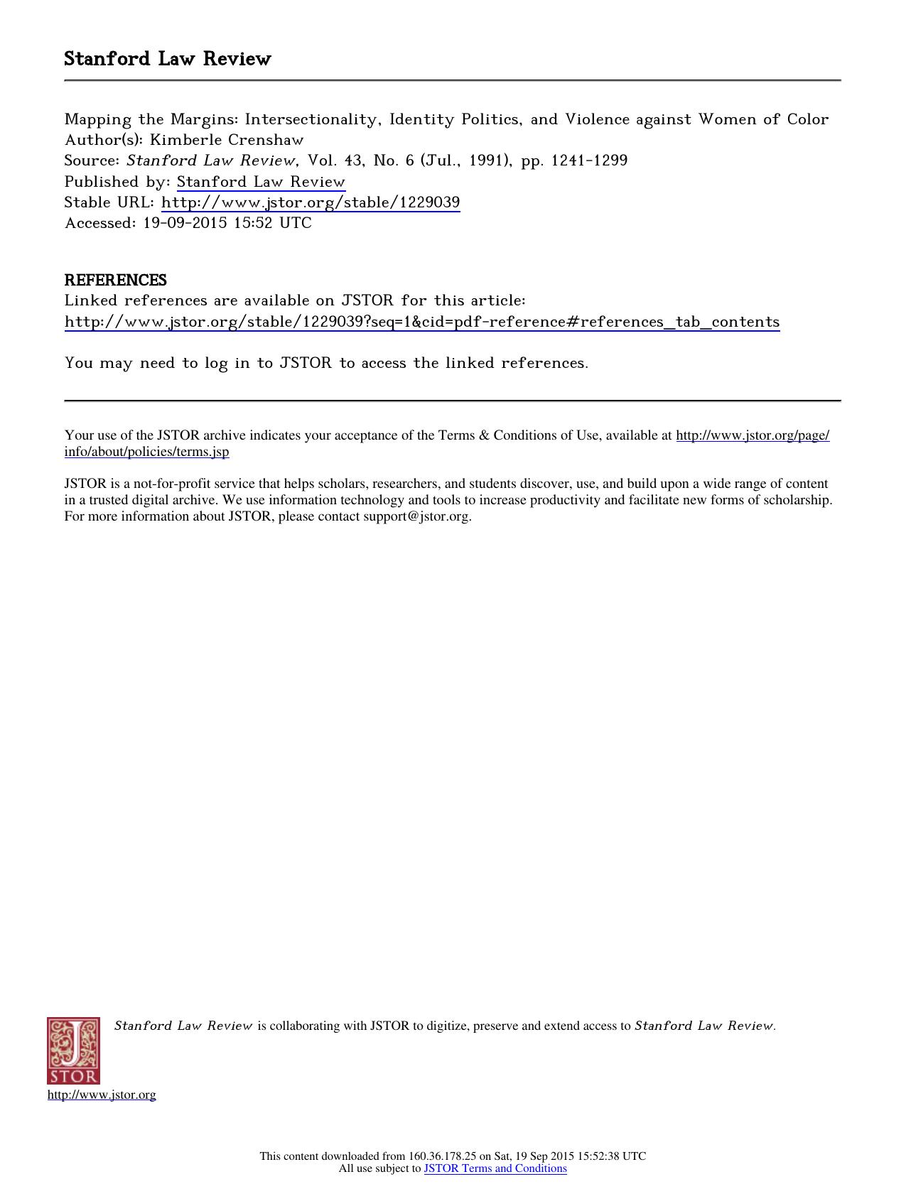 Mapping the Margins: Intersectionality, Identity Politics, and Violence Against Women of Color