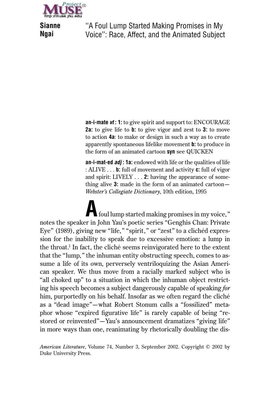 "A Foul Lump Started Making Promises in My Voice": Race, Affect, and the Animated Subject